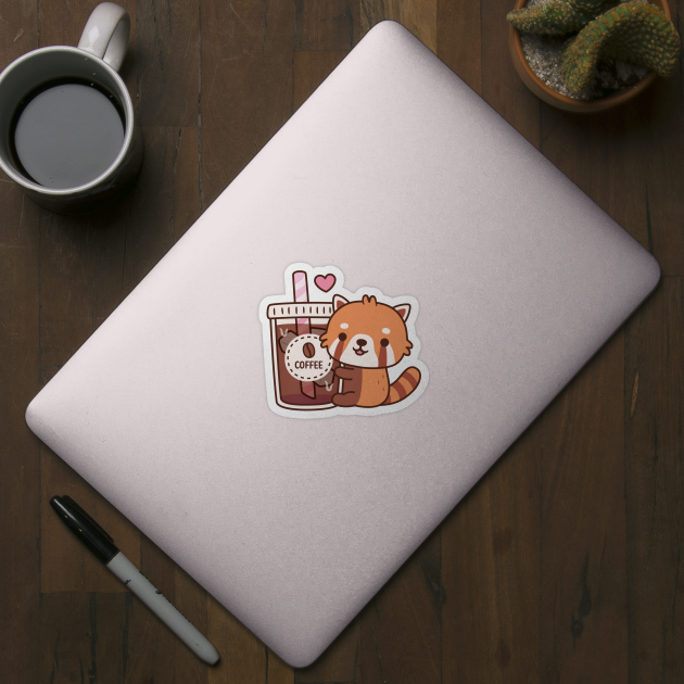 Cute Little Red Panda Hugging Iced Coffee by rustydoodle